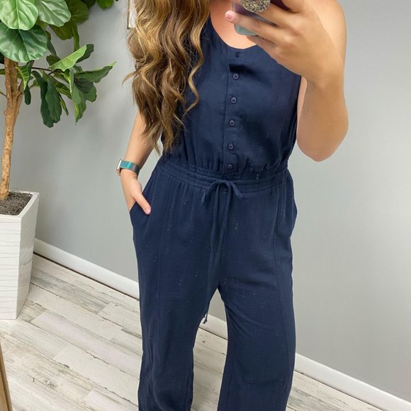 COTTON BLEU Pants - Button Front Sleeveless Jumpsuit in Navy